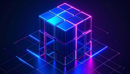 Fototapeta premium Abstract Glowing Neon Cube Grid, Technology Background