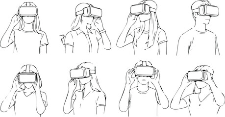  collection of people wearing virtual reality headsets, isolated on white background