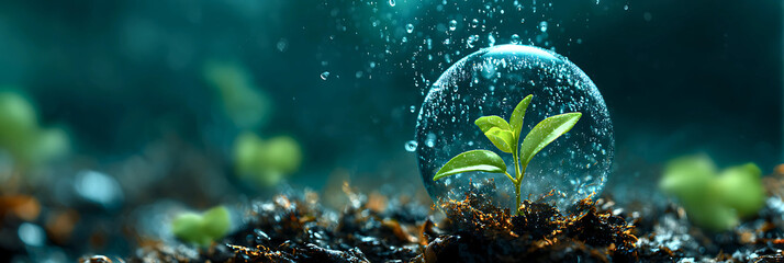 Tiny green sprout protected within a transparent water droplet under gentle rainfall in a lush forest setting