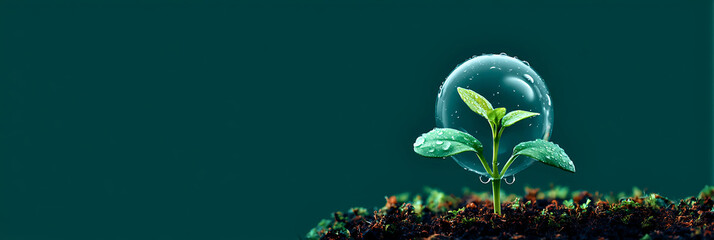 Tiny green seedling encased in a clear bubble symbolizing growth protection and the fragile beginnings of new life