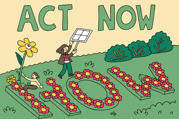 Illustration showing people with flowers and signs advocating to act now in a garden setting outdoors