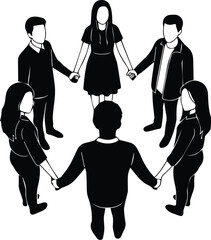  diverse group of people holding hands in a circle, symbolizing unity, teamwork, and community connection isolated on white background