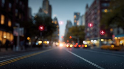 Fototapeta premium City Street at Dusk: A blurred image of a bustling city street at dusk, with buildings and lights. Capturing the dynamic atmosphere of urban life, lights.