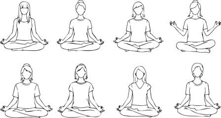  collection of women in various yoga poses, meditating in lotus position, promoting wellness and inner peace, isolated on white background
