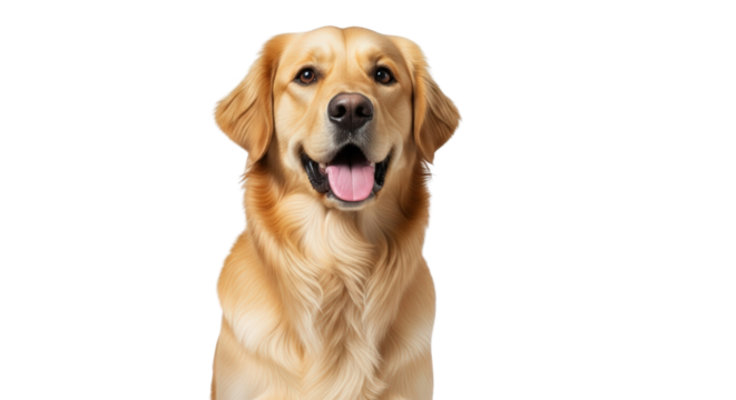 An image of happy golden retriever dog portrait 1.. The scene includes golden, domestic, playful, adorable, well-groomed, elegant, front view,