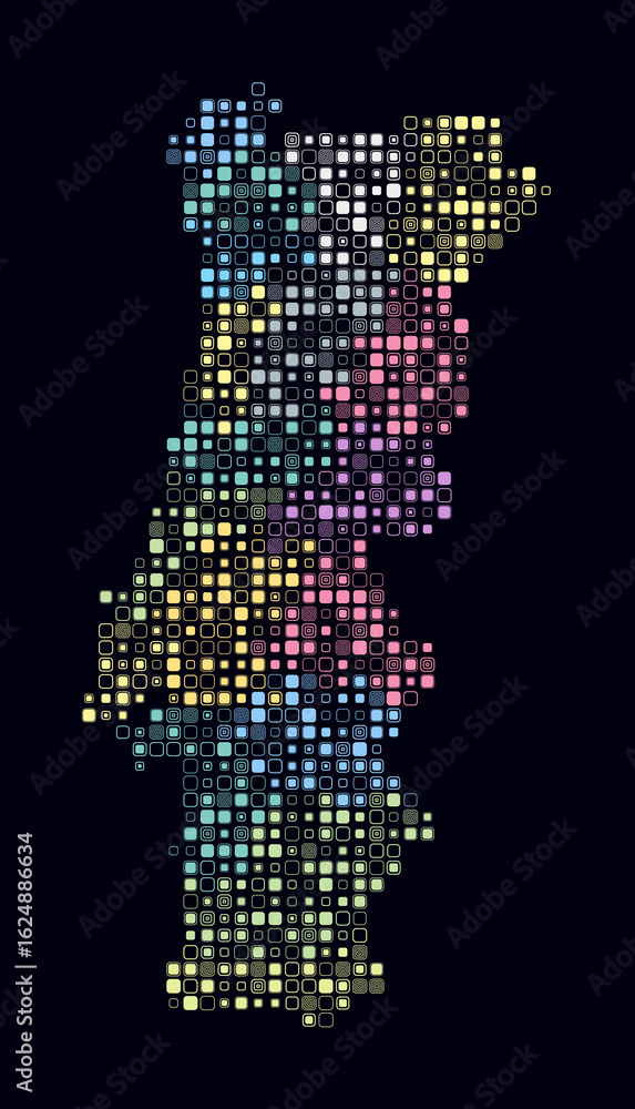 Poster portugal, shape of the country build of colored cells. digital style map of the portugal on dark bac