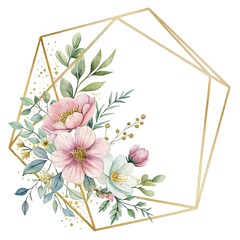 Watercolor flowers and leaves arrangement in a golden geometric frame on a white background