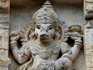 Fototapeta premium Intricate stone carving of Varaha, the boar avatar of Vishnu, adorned with elaborate headdress and jewelry, set within a temple niche.
