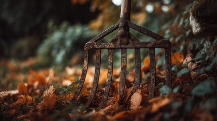Rusty rake rests among fallen leaves in a tranquil autumn garden setting near a stone wall