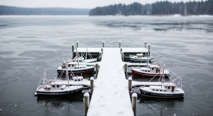 Fototapeta premium Silent sentinels of winter vessels resting on frosted waters at a snow kissed dock