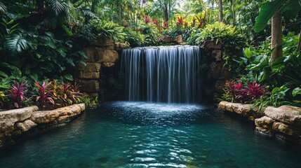 Peaceful waterfall surrounded by vibrant flora in a tropical paradise