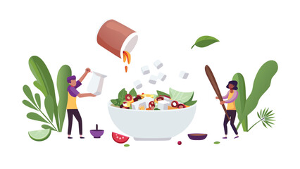 People preparing a salad with feta cheese, olives, and greens, adding dressing and stirring with a spoon