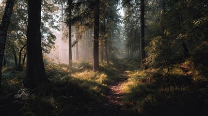 Naklejka premium Misty morning in a serene forest trail surrounded by lush greenery and soft sunlight filtering through the trees