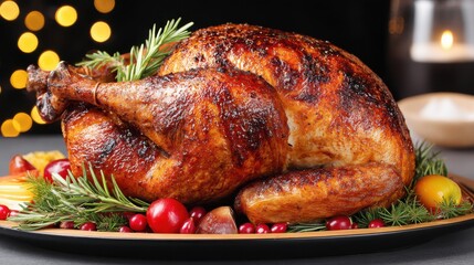 Roast turkey garnished with herbs and vegetables on a festive platter