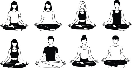  group of people meditating in a yoga pose, representing peace, wellness, and inner balance, isolated on white background