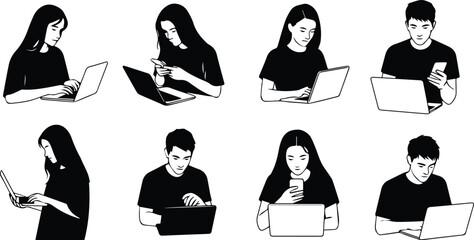  collection of diverse people using laptops and phones, isolated on white background