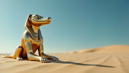 Stylized Golden Crocodile-Dog Statue Majestic in Desert