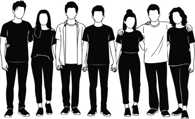 diverse group of friends standing together, isolated on white background