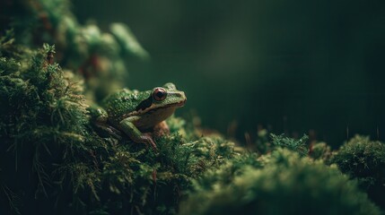 Colorful green frog seated on moss among foliage in a serene forest setting during twilight