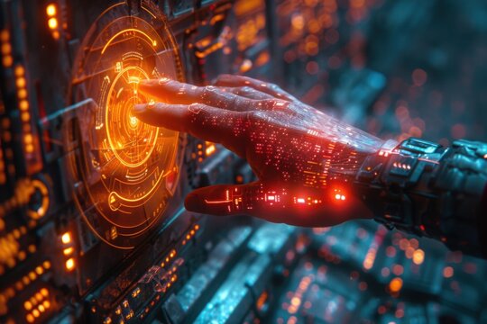 Hand interacting with futuristic glowing interface panel