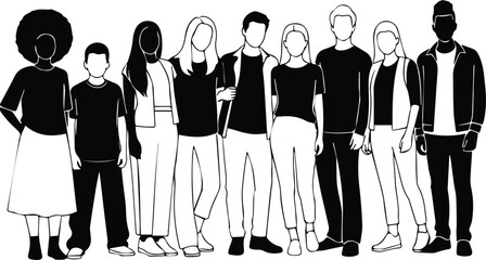  diverse group of people standing together isolated on white background, illustration of unity and community