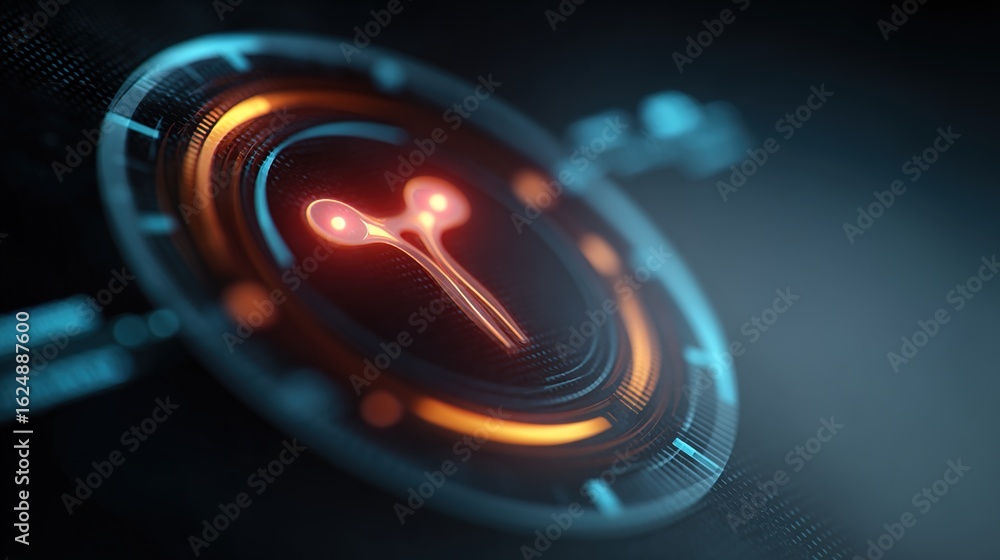 Poster technological interface: a mesmerizing shot of a high-tech interface with neon-lit circuits, sparkin