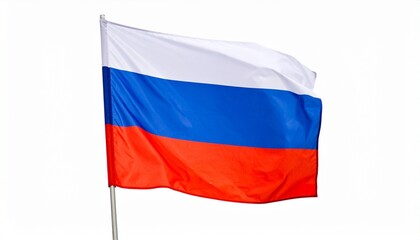 Obraz premium Russia national flag with three horizontal stripes—white on top, blue in middle, red at bottom—mounted on flagpole and waving in wind, symbol of national identity and sovereignty.