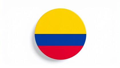 Colombia national flag in circular format with horizontal yellow, blue, and red stripes, yellow occupying top half, symbolizing national identity and Latin American heritage, isolated on plain backgro