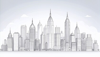Naklejka premium Detailed city skyline sketch with varying building heights and fluffy clouds above