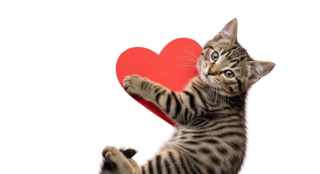 An image of kitten holding red heart.. The scene includes image, romance, domestic, playful, adorable, gift, tabby, romantic, looking, feline,