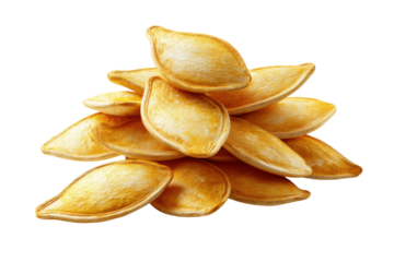 Baked pumpkin seeds kitchen food photography cozy setup close-up. Isolated on transparent background, png.