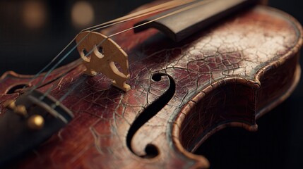 Close-up of an antique violin showcasing intricate details and craftsmanship in a warm indoor setting