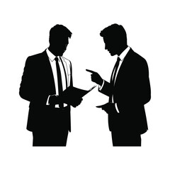 Two businessmen in silhouette discussing a document and pointing