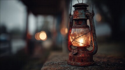 Rustic lantern casting warm light on a rainy evening outdoors in a quiet setting