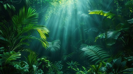 Lush jungle foliage with sunlight streaming through canopy