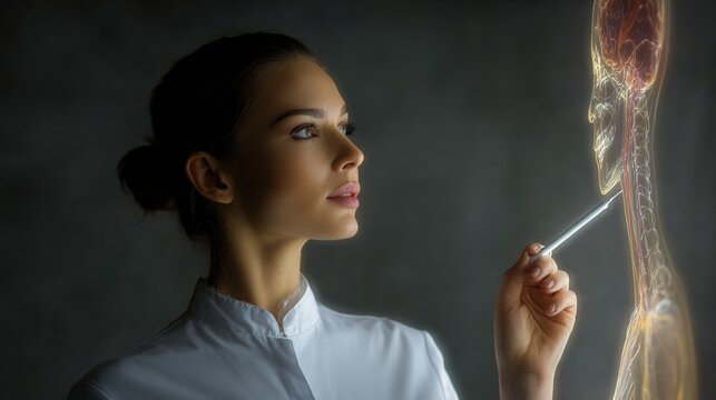 Scientific Anatomical Exploration: A determined doctor, immersed in medical investigation, uses a pointer to study an anatomical model, exemplifying a dedication to science and discovery.