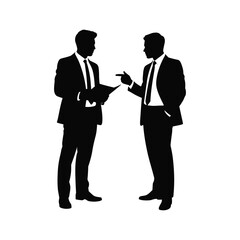 Two businessmen in silhouette discussing a project with a document