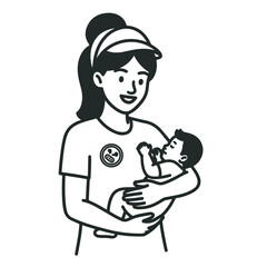 Nanny childminder holding baby, smiling and wearing a visor. Adoption and IVF.