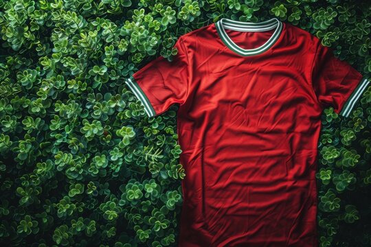 Red shirt with green trim on a bed of green leafy plants