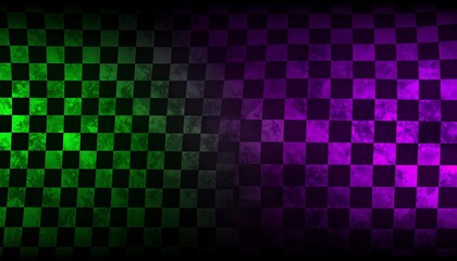 Fototapeta premium Checkerboard pattern, green on one side, purple on the other. Slightly textured, grunge effect on the blocks