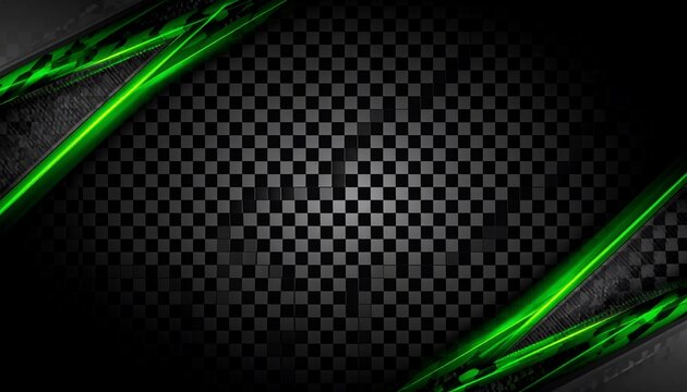 Black checkered background with neon green accents and textured corners