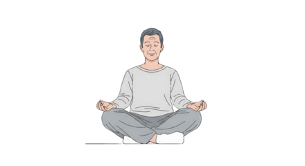 An image of meditating man in lotus position.. The scene includes inner peace, balance, man, harmony, drawing, simple, focus, tranquil,