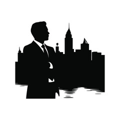 Silhouette of a businessman looking at a city skyline