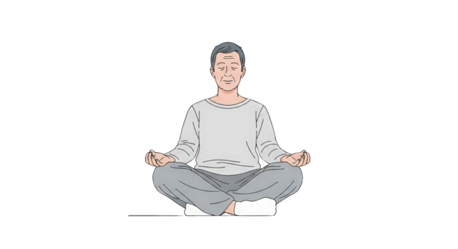 An image of meditating man in lotus position.. The scene includes inner peace, balance, man, harmony, drawing, simple, focus, tranquil,