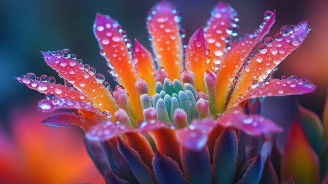 Vibrant succulent flower adorned with water droplets