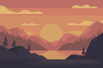 Minimal Mountain Sunset Vector Landscape in Flat Design Style