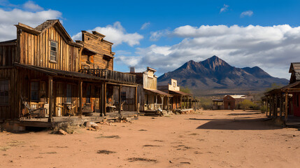 Vintage old wild west cowboy town with saloon in the desert setting