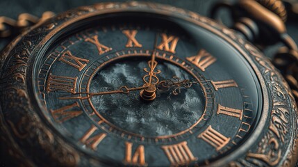 Obraz premium Vintage pocket watch with intricate design showcasing Roman numerals and a detailed clock face in soft lighting