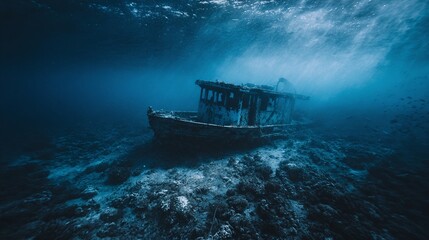 Fototapeta premium Underwater shipwreck, blue depths, lost vessel, aquatic graveyard, serene scene, mystery, nature's embrace, ocean's depths, historical artifact, submerged relic