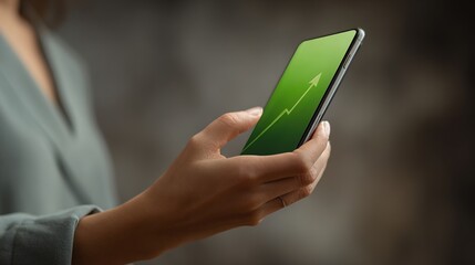 Financial Growth on Display: A person delicately cradles a mobile device showcasing a vibrant green screen, adorned with an upward trending line graph.
